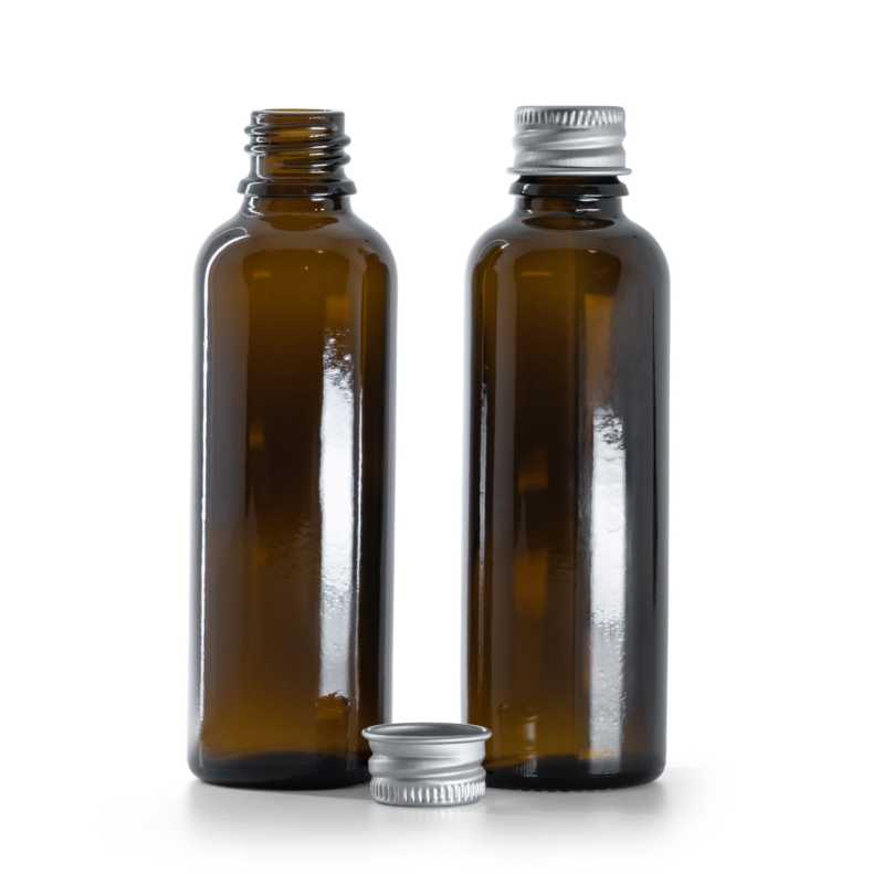 Frasco de vidrio ámbar, alto, tapón de aluminio plateado, 50 ml