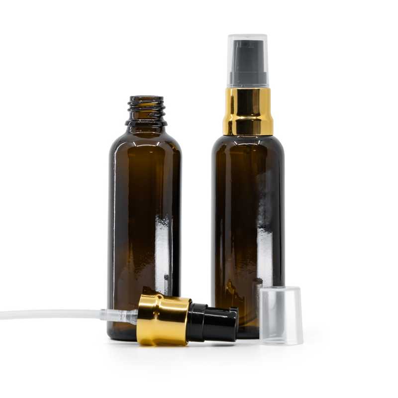 Frasco de vidrio ámbar, alto, dispensador negro dorado brillante con tapa transparente, 50 ml