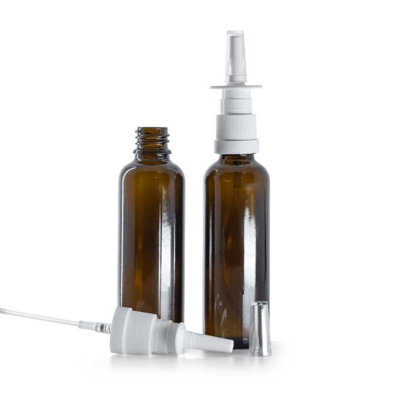 Envase de vidrio ámbar, esbelto, pulverizador nasal blanco, 50 ml