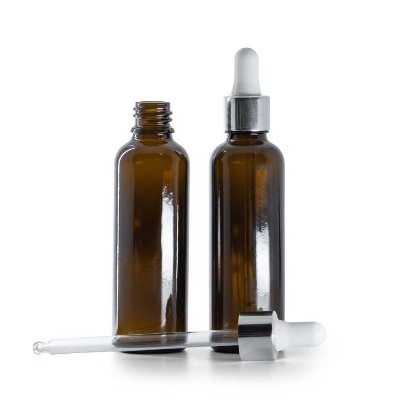 Frasco de vidrio ámbar, alto, cuentagotas plateado brillante blanco, 50 ml