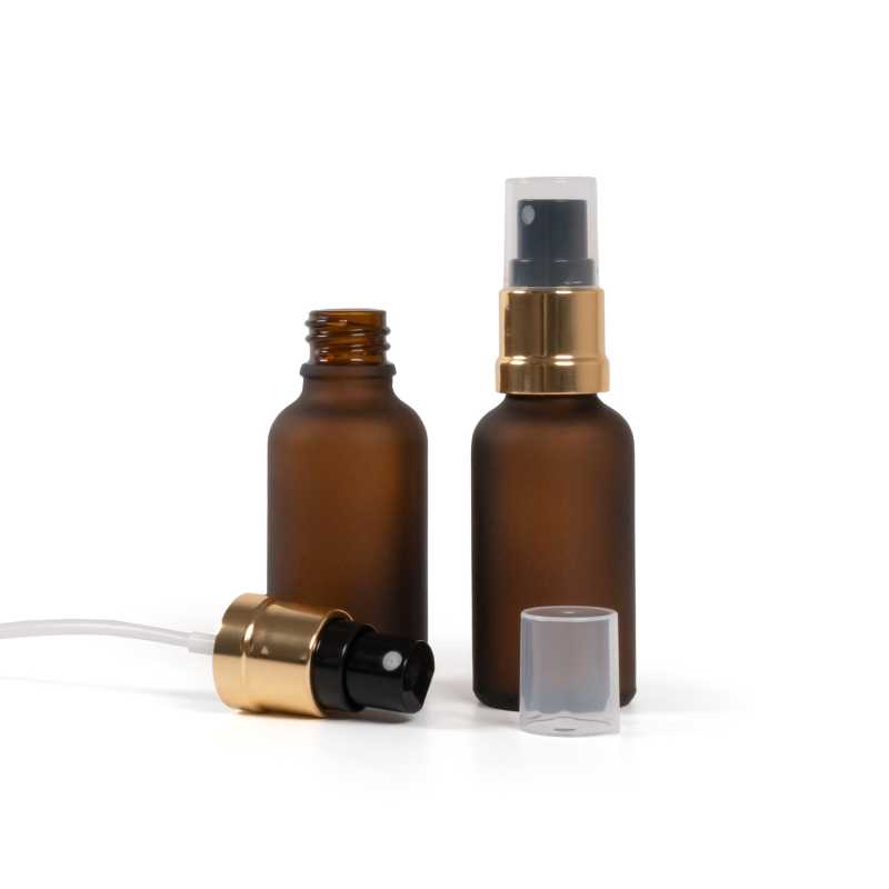 Frasco de vidrio ámbar mate, pulverizador negro y dorado, 30 ml