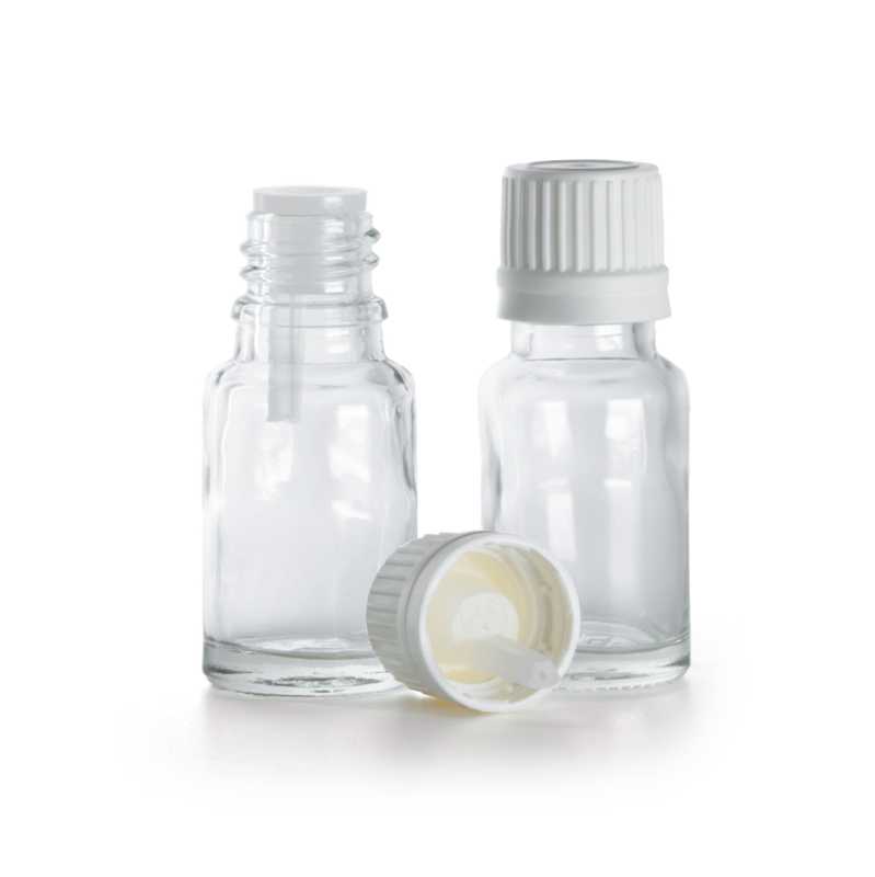Frasco de vidrio transparente, tapón blanco con cuentagotas incorporado, 10 ml