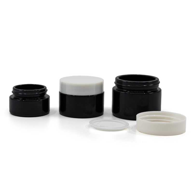 Tarro de vidrio, negro brillante, tapa de plástico blanca, 50 ml