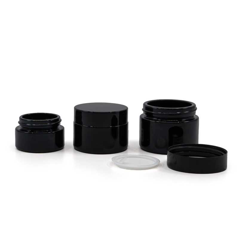 Tarro de vidrio, negro brillante, tapa de plástico negra, 50 ml