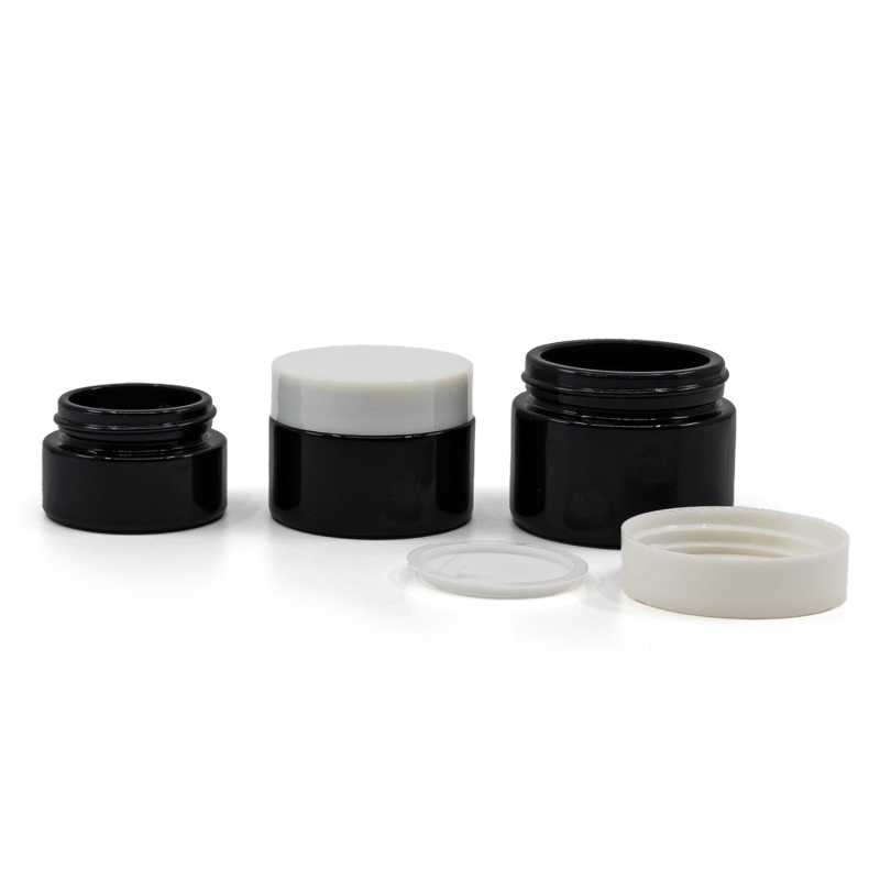 Tarro de vidrio, negro, tapa de plástico blanca, 30 ml