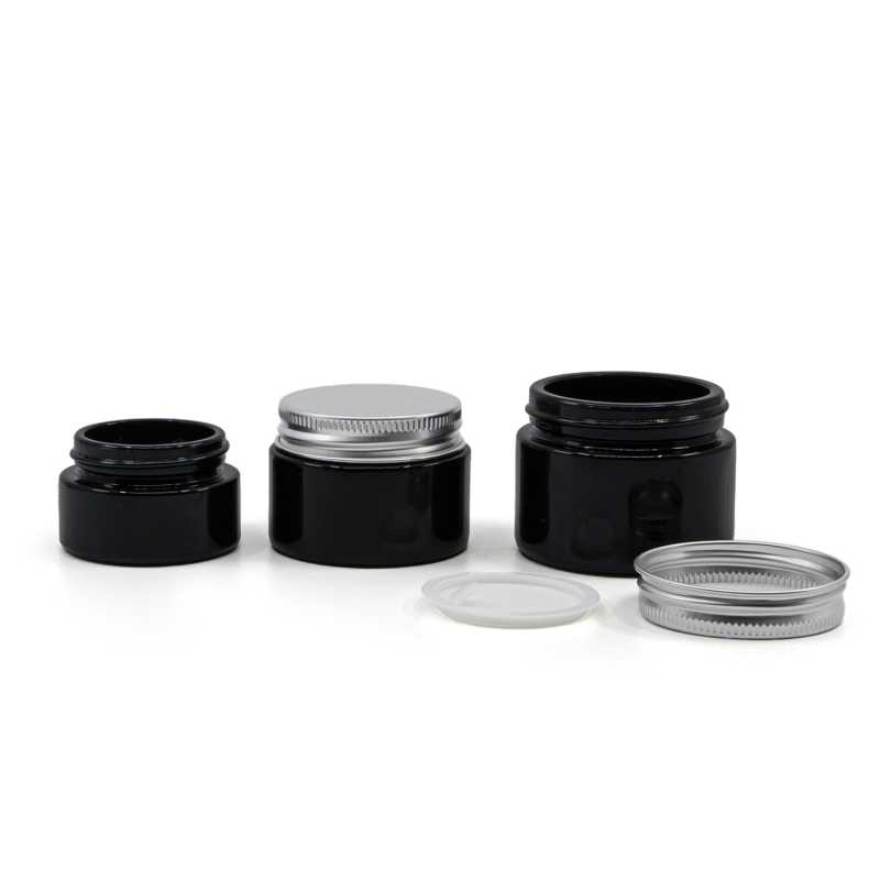 Tarro de vidrio, negro brillante, tapa de aluminio plateado, 15 ml