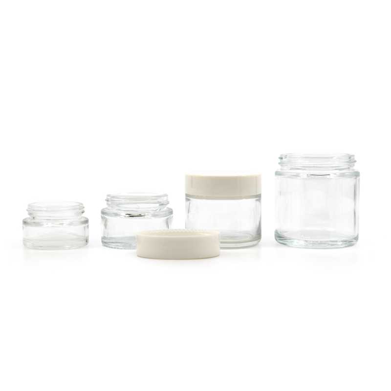 Tarro de vidrio cosmético, transparente, tapa blanca, 30 ml