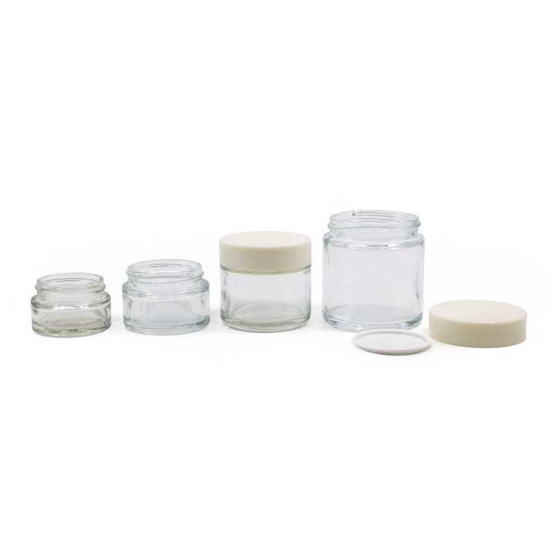 Tarro de vidrio, transparente, tapa blanca, 50 ml