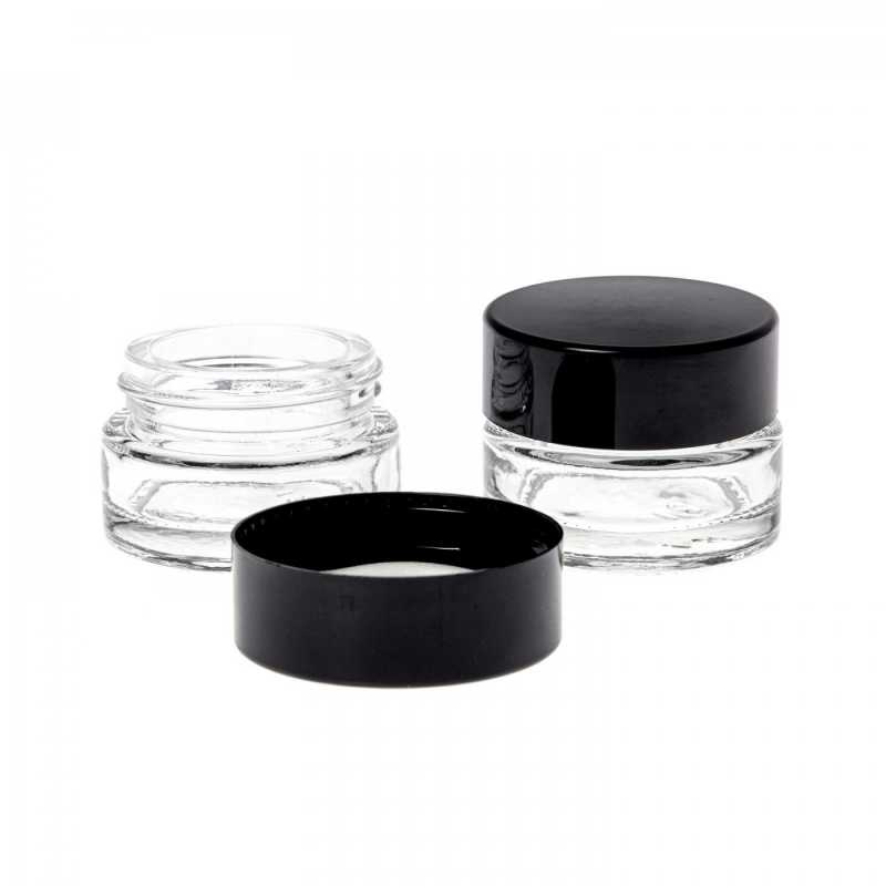 Tarro cosmético de vidrio, transparente, tapa negra, 5 ml