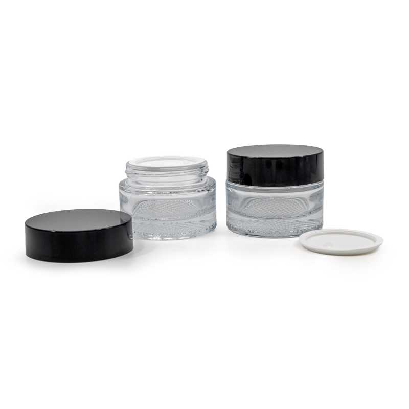 Tarro cosmético de vidrio, transparente, tapa plástica negra, 50 ml