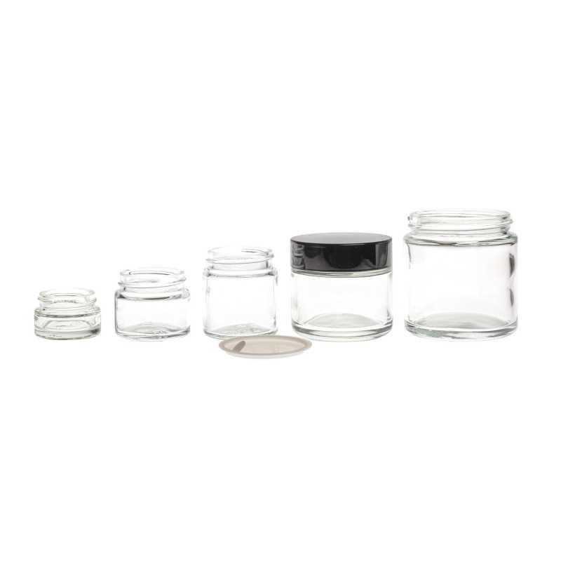 Tarro de vidrio, transparente, tapa de plástico negra, 15 ml
