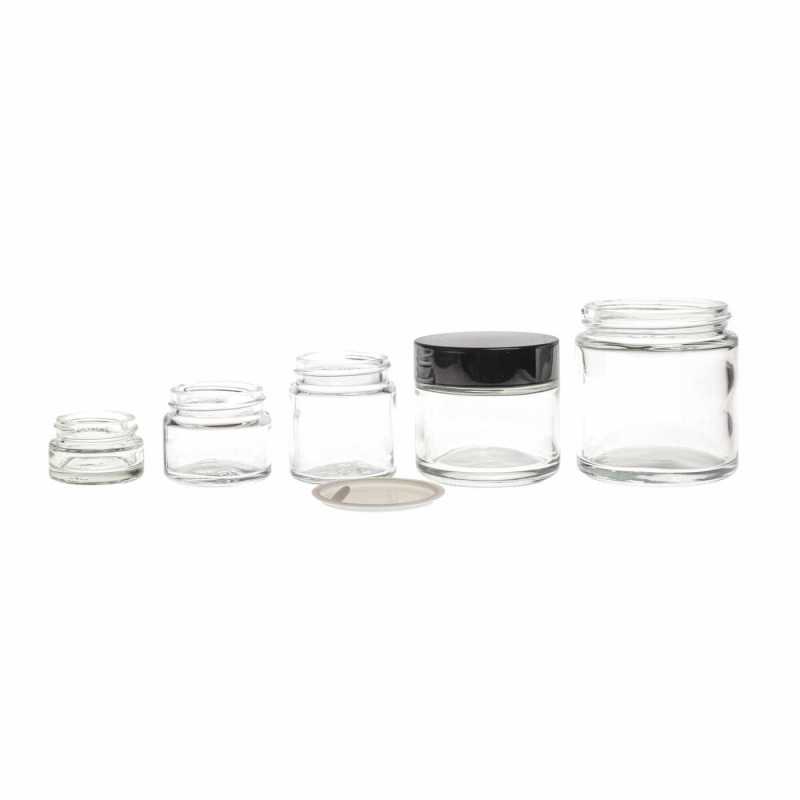 Tarro de vidrio, transparente, tapa negra, 50 ml