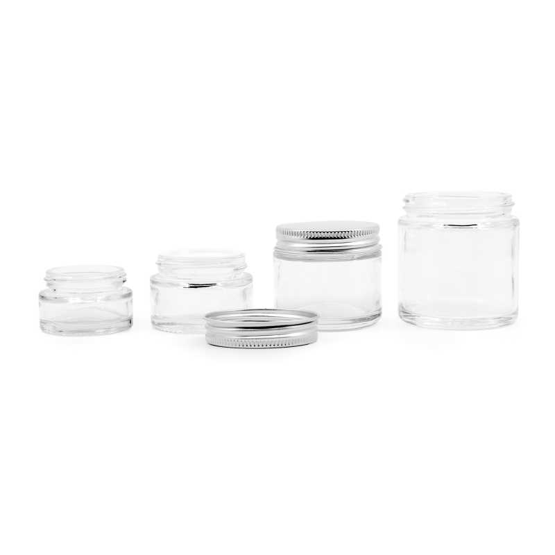 Tarro de vidrio, transparente, tapón de aluminio plateado, 15 ml