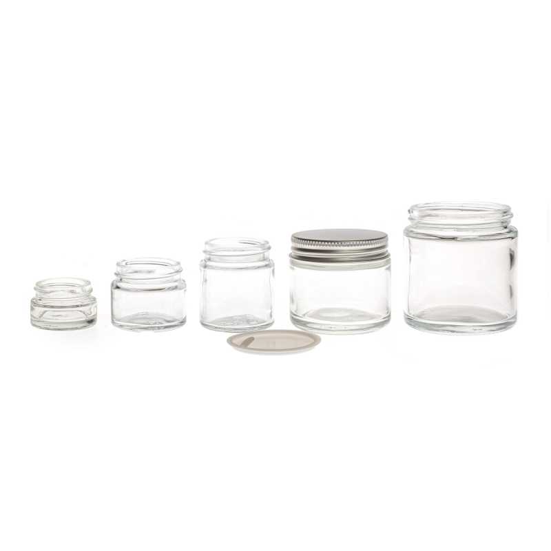 Tarro de vidrio, transparente, tapa de aluminio plateado, 50 ml