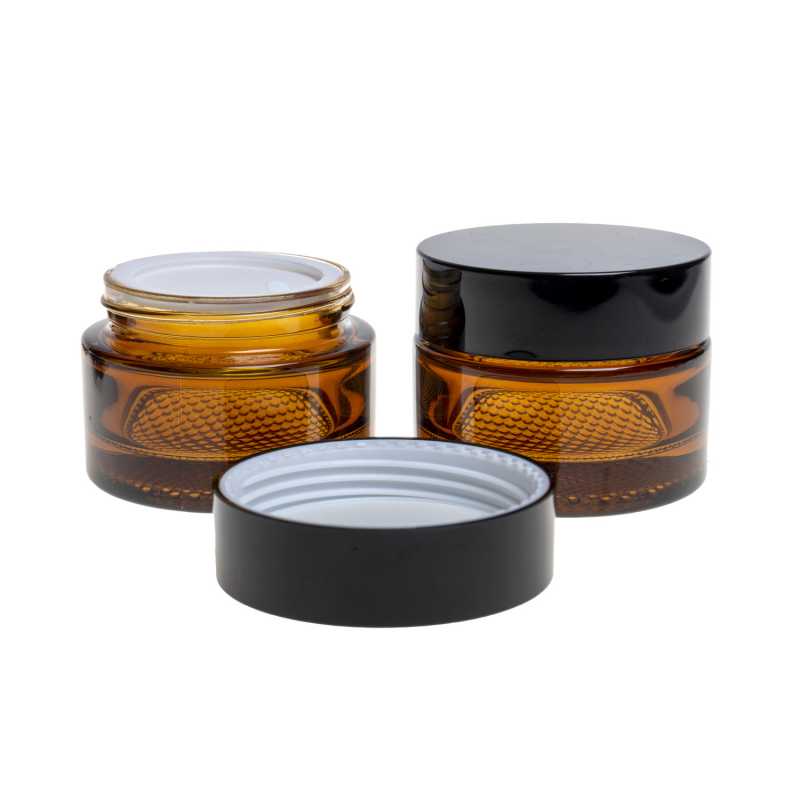 Tarro de vidrio, ámbar, tapón de plástico negro, 50 ml