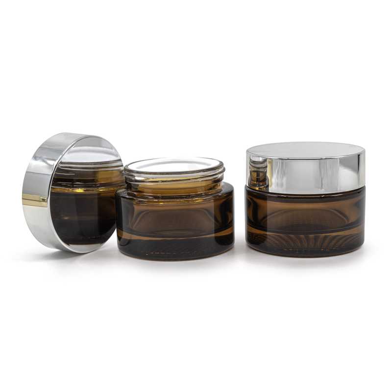 Tarro de vidrio ámbar, tapa plateada, 50 ml