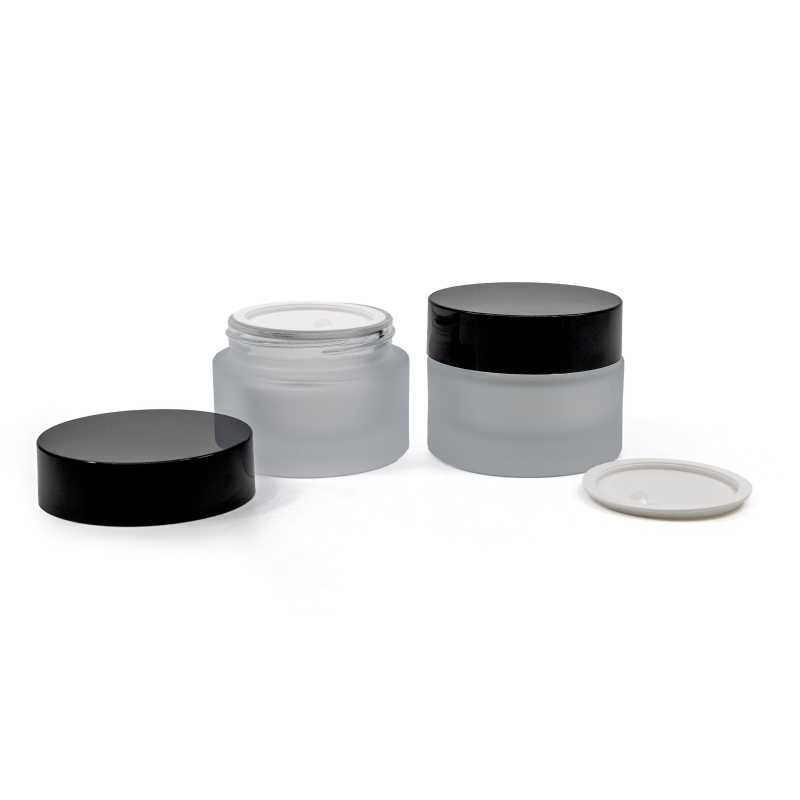 Tarro de vidrio cosmético esmerilado, tapa de plástico negra, 50 ml