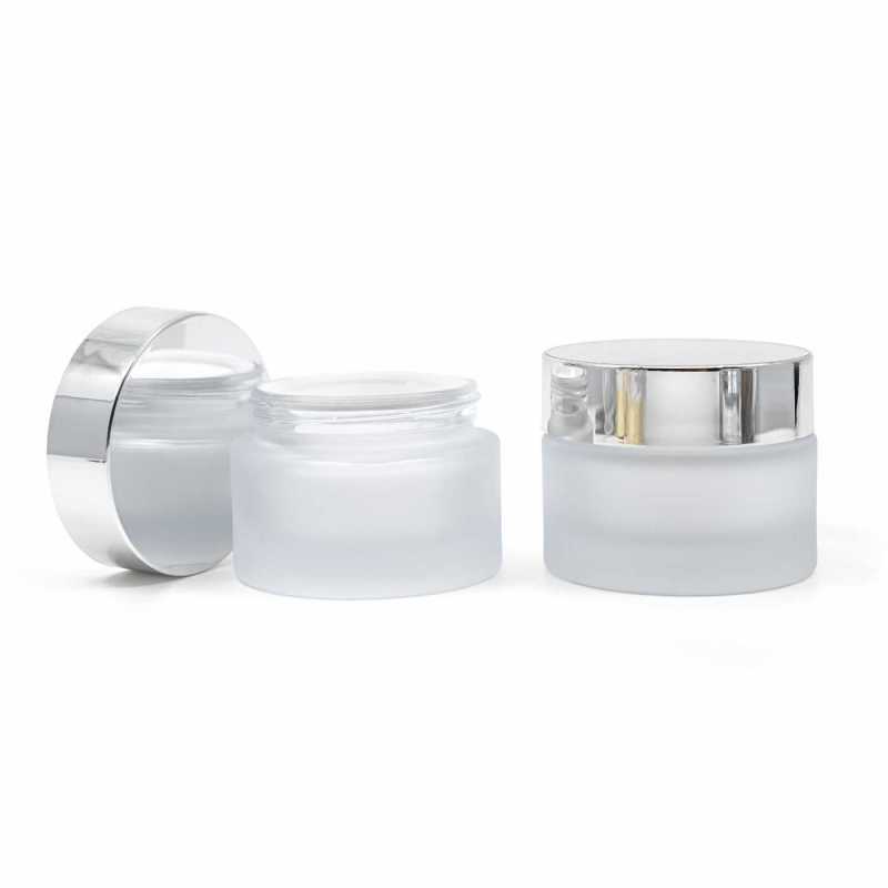 Tarro cosmético de vidrio esmerilado, blanco, tapa plateada, 25 ml