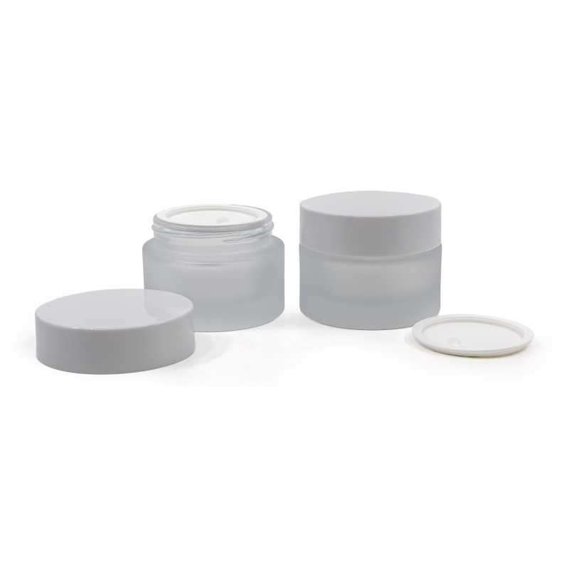 Tarro cosmético de vidrio esmerilado, tapa de plástico blanca, 50 ml