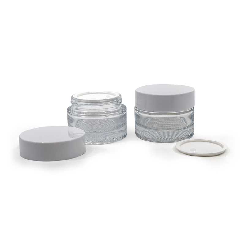 Tarro cosmético de vidrio, transparente, 25 ml, tapa blanca