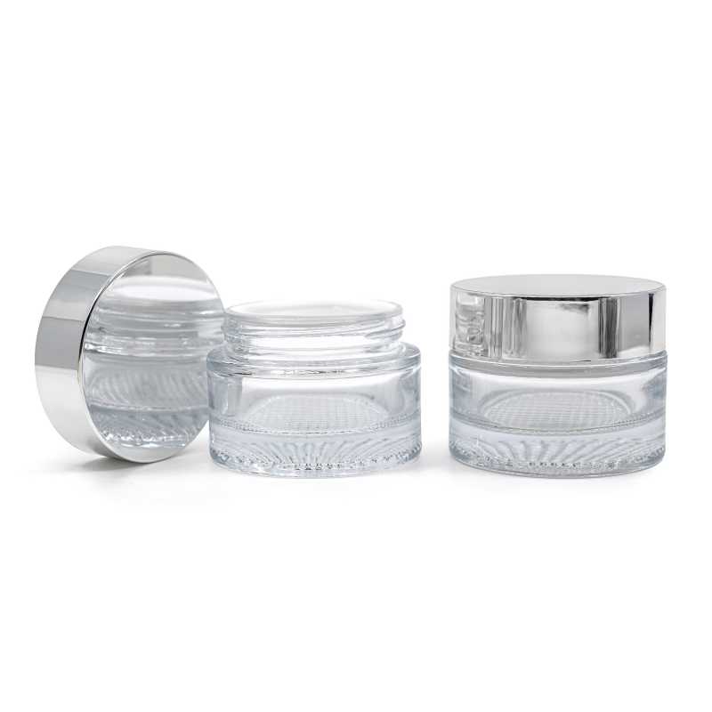 Tarro cosmético de vidrio, transparente, tapa plateada, 25 ml