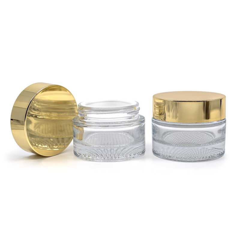 Tarro cosmético de vidrio, transparente, 25 ml, tapa dorada