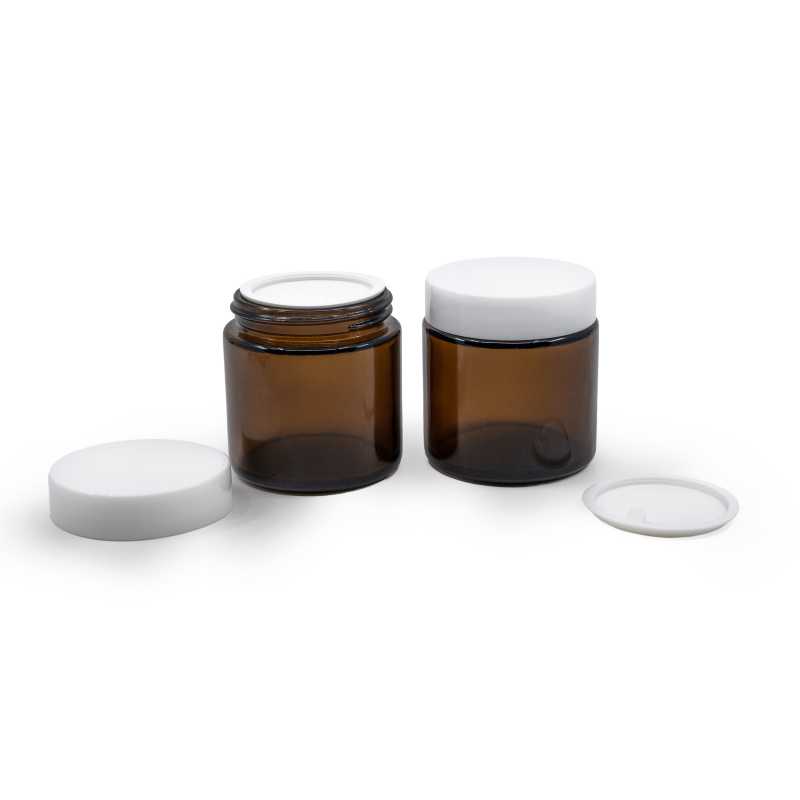 Tarro de vidrio, ámbar, 100 ml, tapa blanca