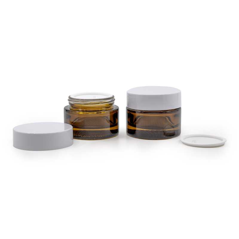 Tarro de vidrio cosmético, ámbar, 25 ml, tapa blanca
