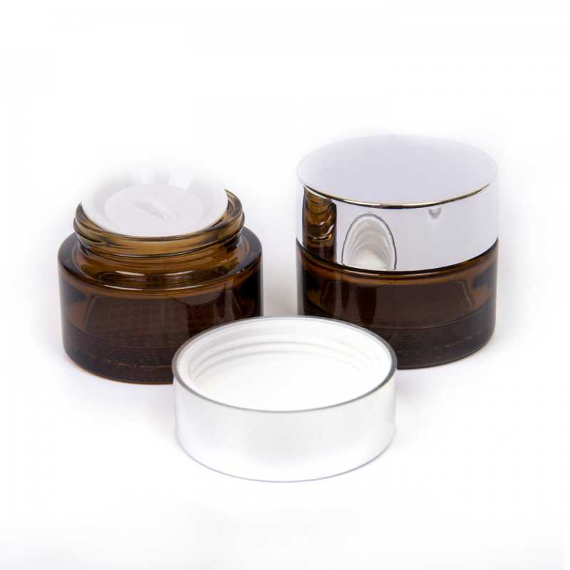 Tarro cosmético de vidrio, ámbar, tapa plateada brillante, 25 ml