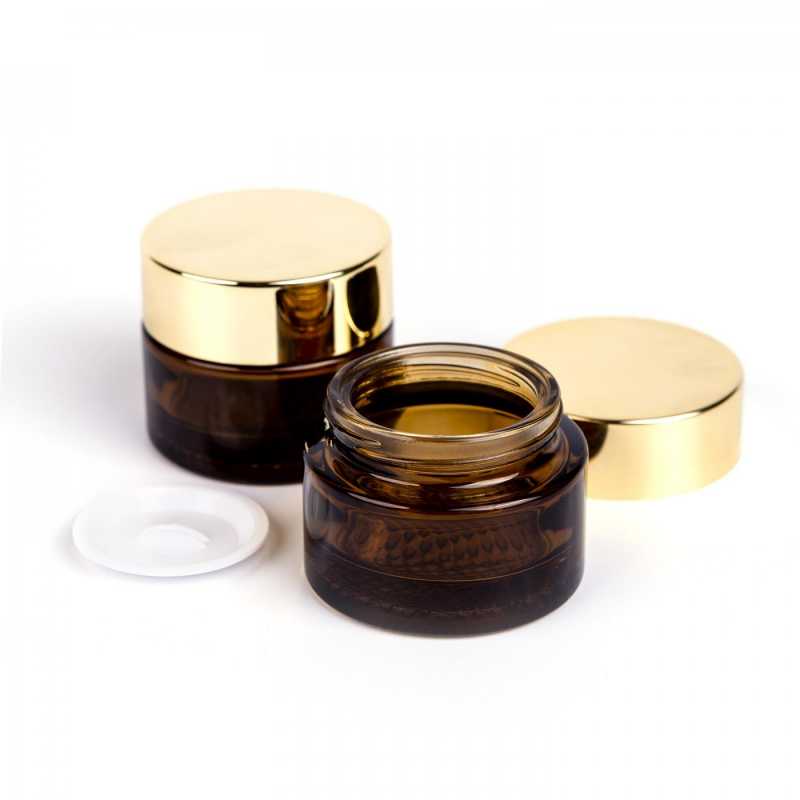 Tarro cosmético de vidrio, ámbar, tapa dorada brillante, 25 ml