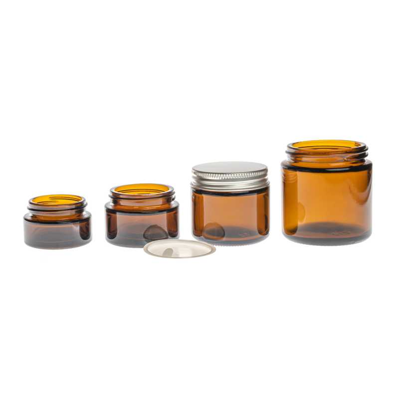 Tarro de vidrio ámbar, tapa de aluminio plateado, 50 ml