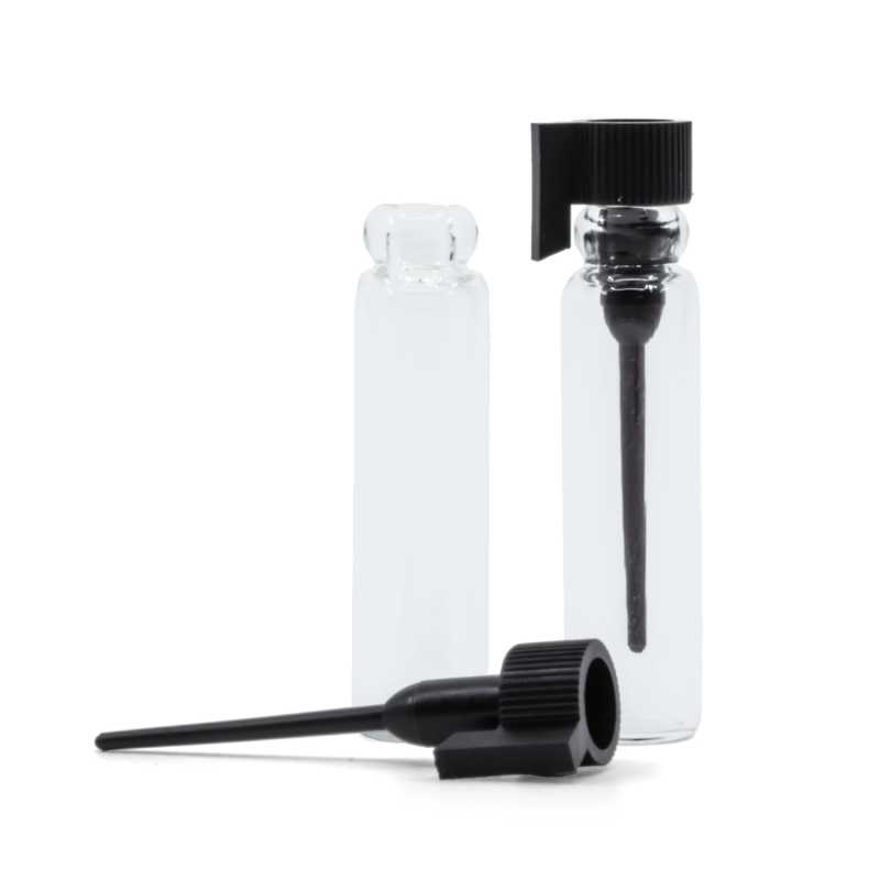 Probador cosmético, vidrio, tapón negro, 1 ml