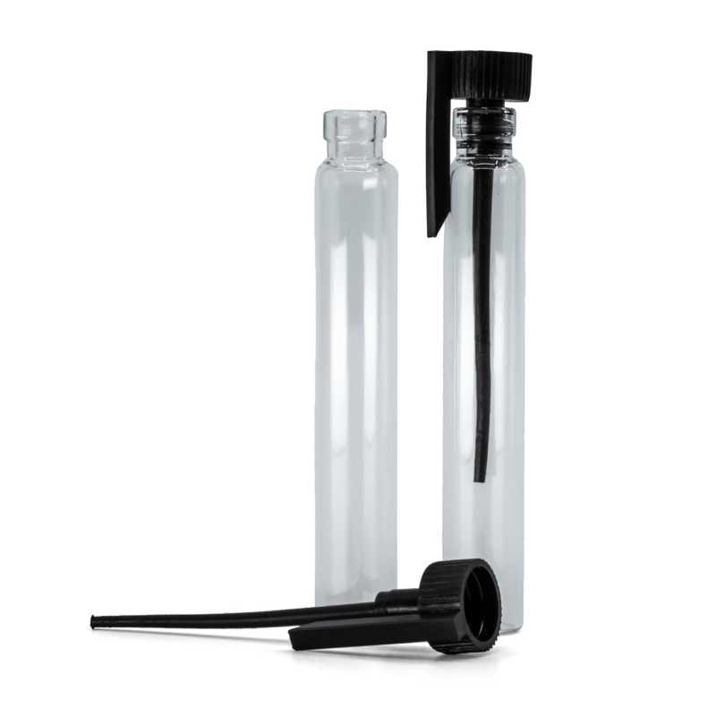 Tester cosmético, vidrio, tapón negro, 2 ml