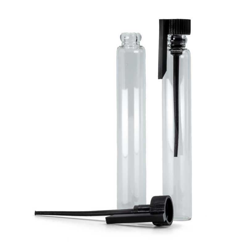 Probador cosmético, vidrio, tapón negro, 3 ml