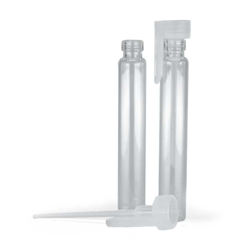 Envase de prueba cosmético de vidrio, tapón de plástico transparente, 2 ml