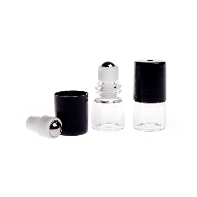Botella roll-on, vidrio, transparente, 2 ml, tapón negro