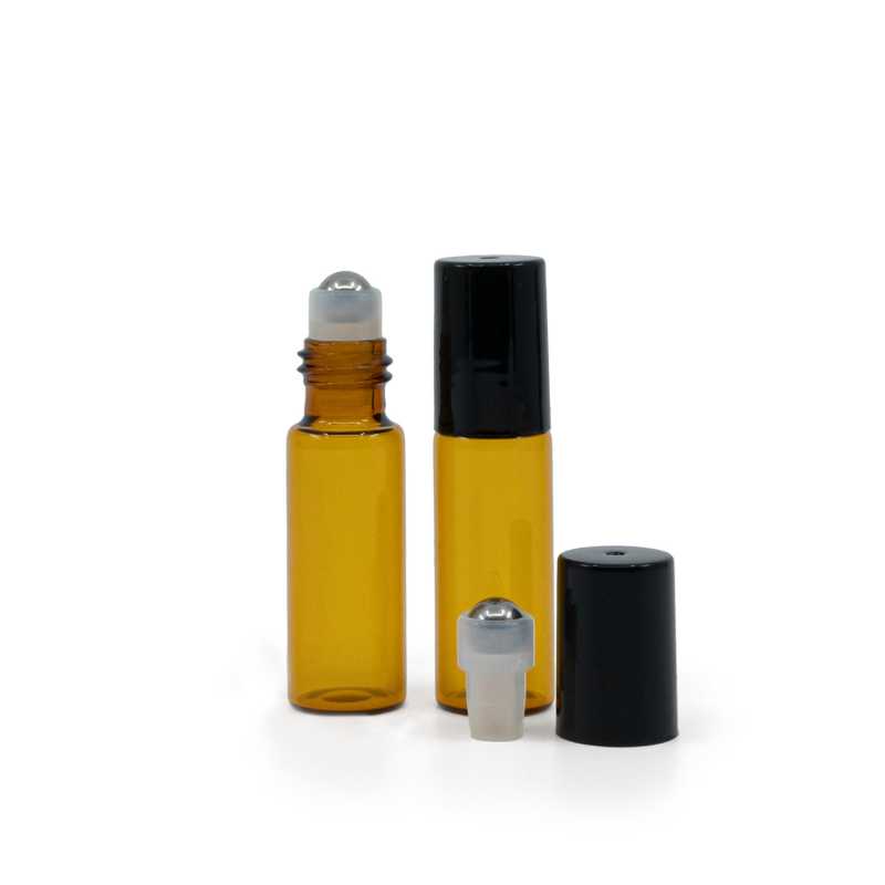 Envase roll-on, vidrio, ámbar, 5 ml, anillo negro