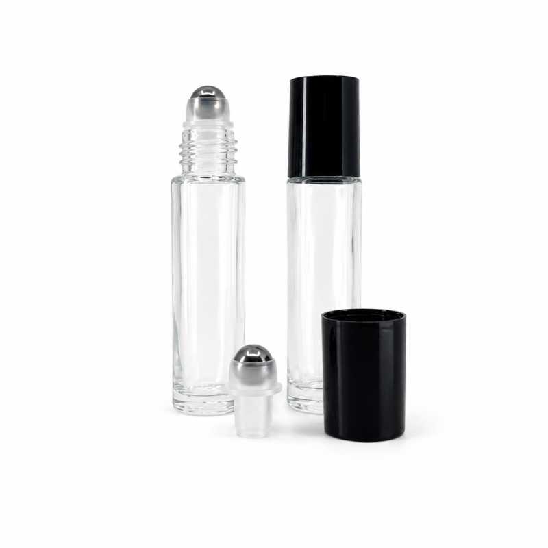 Frasco roll-on de vidrio transparente, tapón negro, bola metálica, 10 ml