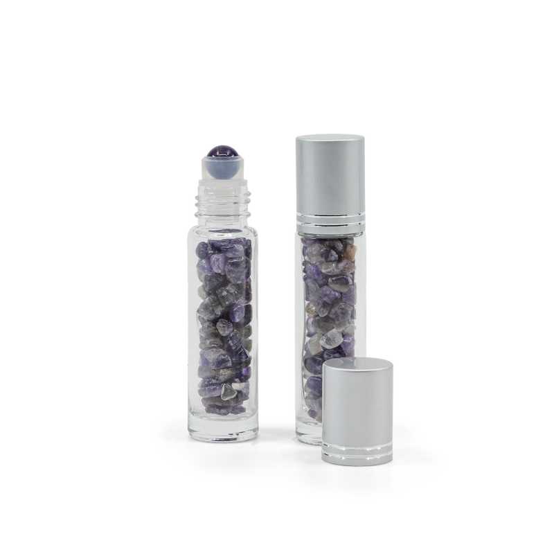 Envase roll-on, vidrio, amatista, tapón plateado, 10 ml