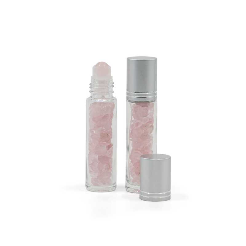 Roll-on de vidrio, cuarzo rosa, tapón plata, 10 ml