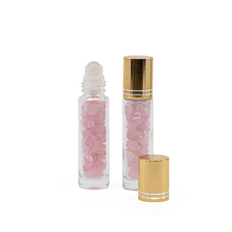 Roll-on de vidrio, cuarzo rosa, tapón dorado, 10 ml